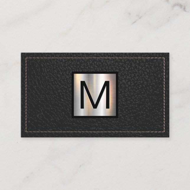 Tarjeta De Visita Banner metálico monograma | Cuero negro con puntas (Anverso)