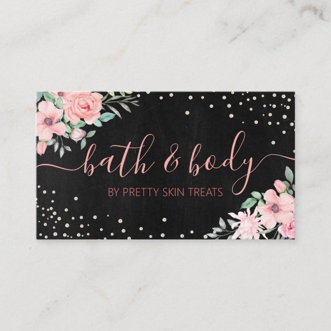 Tarjeta De Visita Baño y cuerpo Spa Skincare Floral negra (Anverso)