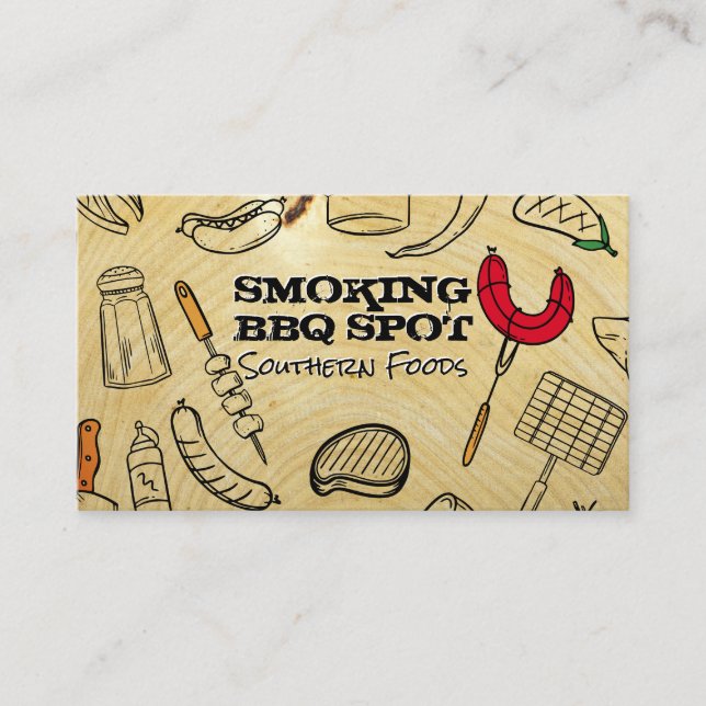 Tarjeta De Visita Barbecue Cooking Pattern | Wood Grain Background (Anverso)