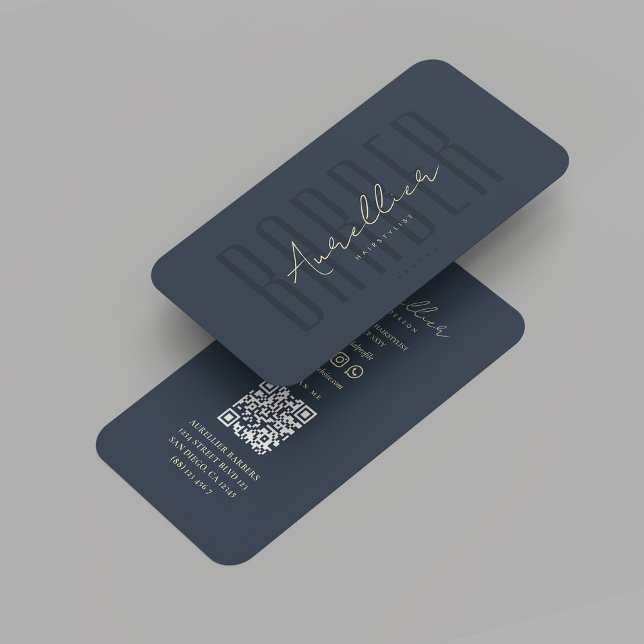 Tarjeta De Visita Barber Barbershop Profesional Dark Blue Moderno (Modern Barber Barbershop Professional Marketing Dark Blue Gold Business Card
)