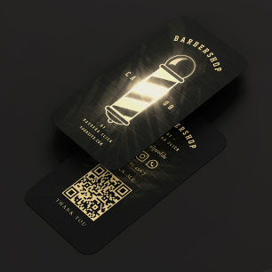 Tarjeta De Visita Barber Black Gold Pole Retro Barbershop moderno