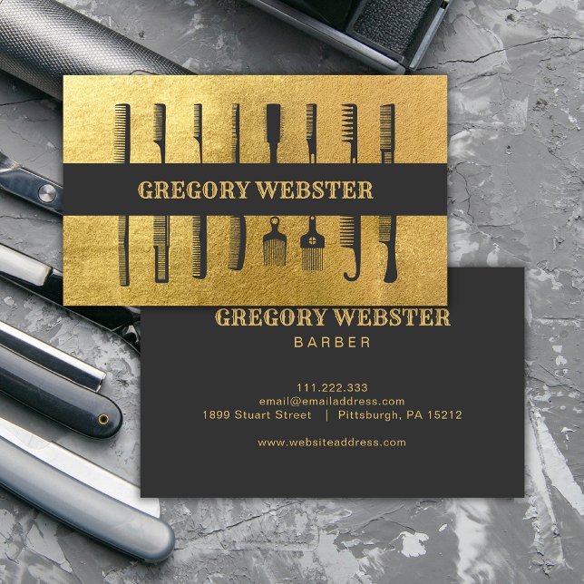 Tarjeta De Visita Barber Combs Faux Gold Profesional (Subido por el creador)