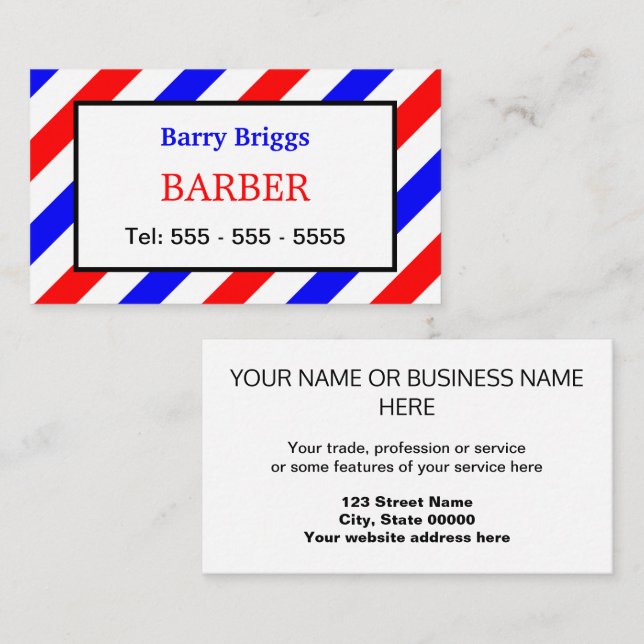 Tarjeta de visita Barber de franjas rojas blancas  (Anverso / Reverso)