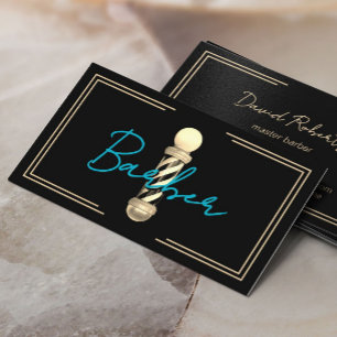 Tarjeta De Visita Barber guión Verde azulado oro enmarcado pelo esti