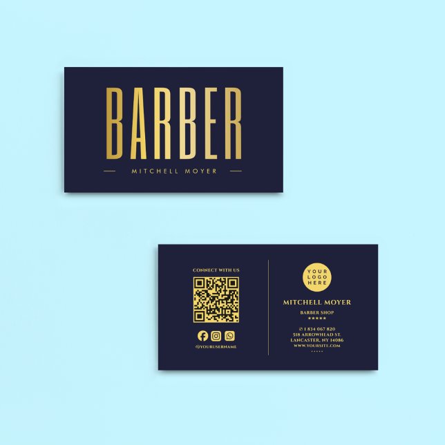 Tarjeta De Visita Barber Hair Salon Navy Gold QR Code & Logo (Subido por el creador)