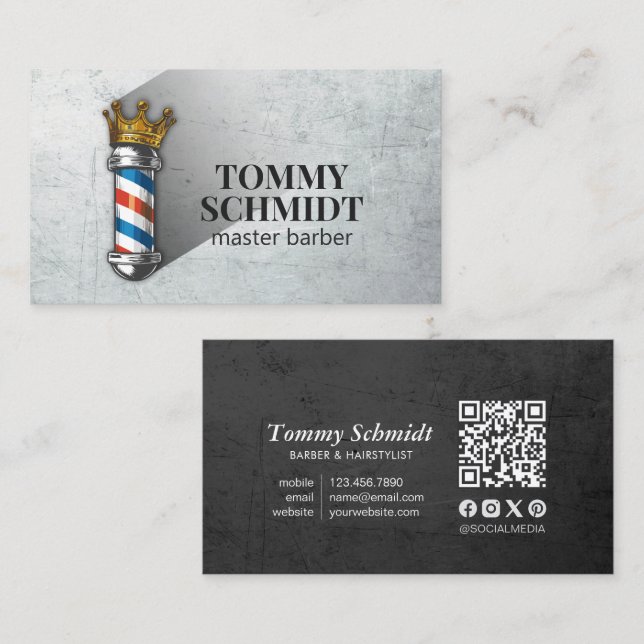 Tarjeta De Visita Barber Hair Shop Royal Crown Barber Pole QR Code (Anverso / Reverso)
