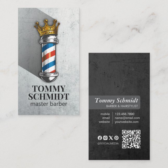 Tarjeta De Visita Barber Hair Shop Royal Crown Barber Pole QR Code (Anverso / Reverso)