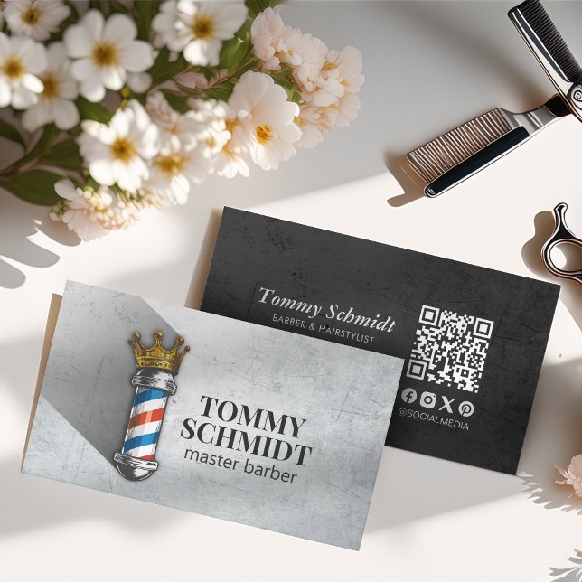 Tarjeta De Visita Barber Hair Shop Royal Crown Barber Pole QR Code (Subido por el creador)