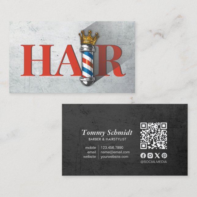 Tarjeta De Visita Barber Hair Shop Royal Crown Barber Pole QR Code (Anverso / Reverso)
