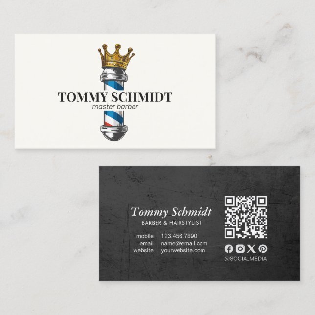 Tarjeta De Visita Barber Hair Shop Royal Crown Barber Pole QR Code (Anverso / Reverso)