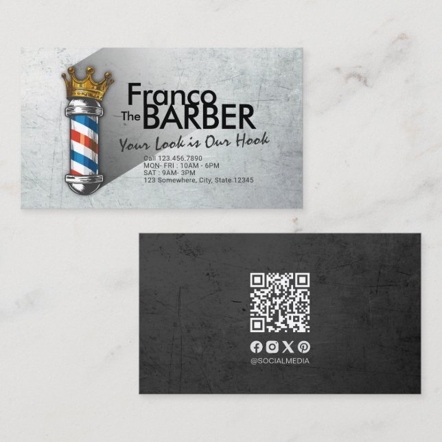 Tarjeta De Visita Barber Hair Shop Royal Crown Barber Pole QR Code (Anverso / Reverso)