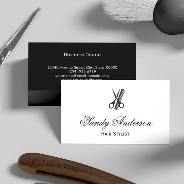 Tarjeta De Visita Barber Hair Stylist Simple Elegante Blanco Negro (Subido por el creador)