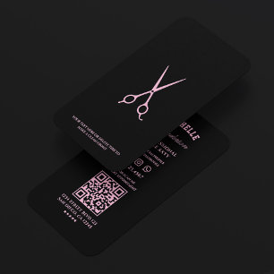 Tarjeta De Visita Barber Minimal Negro Tijeras Rosa Barbería