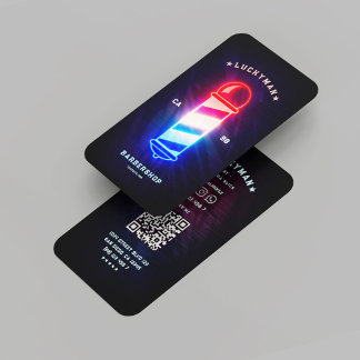 Tarjeta De Visita Barber moderno de Neon Barber Pole Azul Blanco Roj