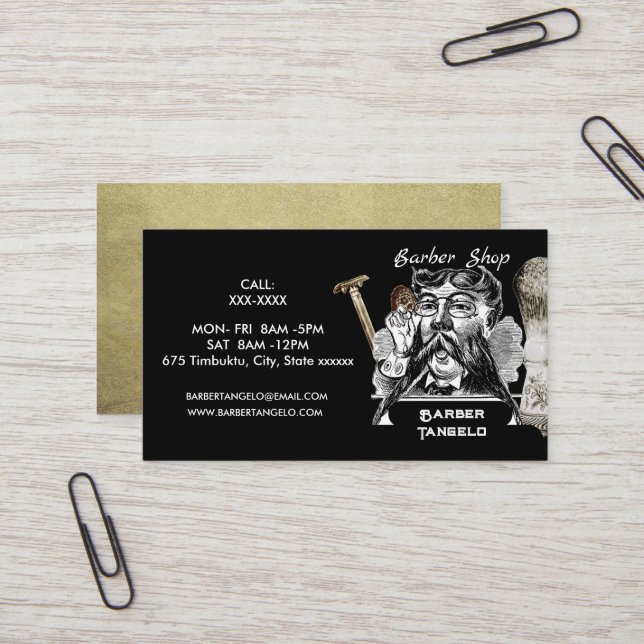 Tarjeta De Visita Barber Mustache Gold Black Profesional (Anverso/Reverso In Situ)
