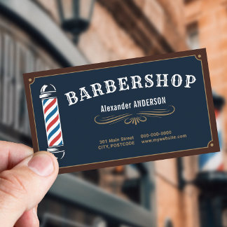 Tarjeta De Visita Barber Pole - Barbería Azul Marino y Dorado