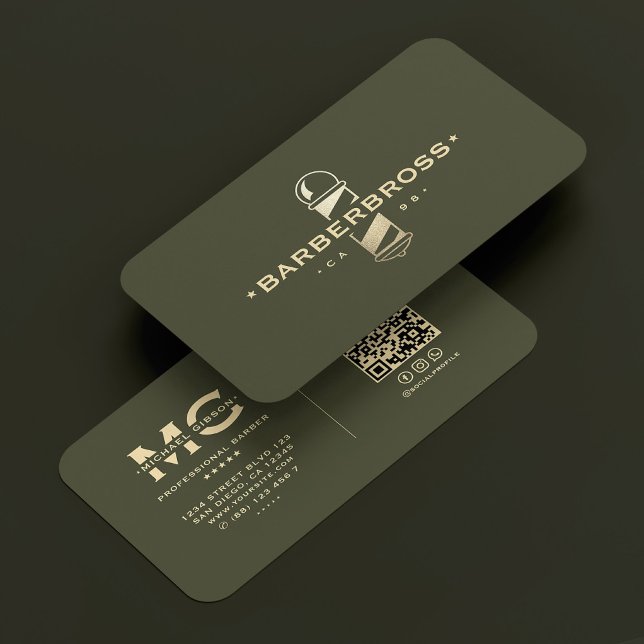 Tarjeta De Visita Barber Pole Moderno Barbershop Army Green Gold (Barber Pole Modern Barbershop Army Green Gold Business Card
)