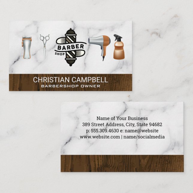 Tarjeta De Visita Barber Polo | Barbería | Madera de Mármol (Anverso / Reverso)