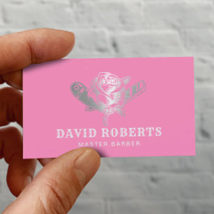 Tarjeta De Visita Barber Razor y logotipo Rosa Barbershop rosa e ind