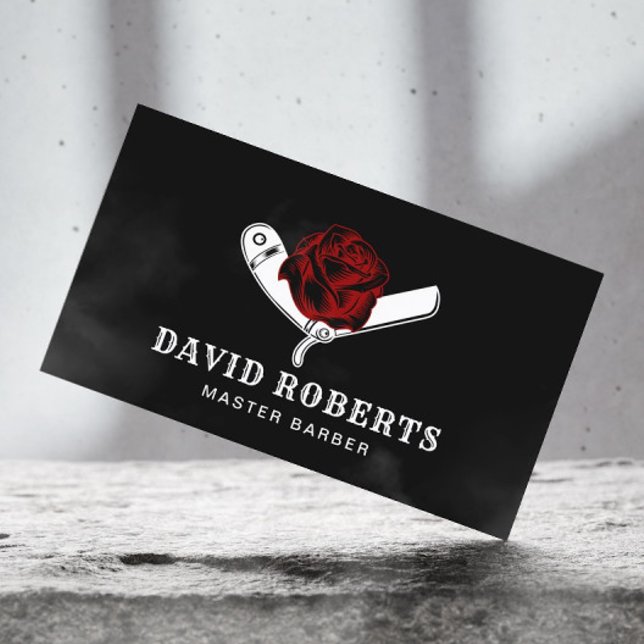 Tarjeta De Visita Barber Razor y Red Rose Barbershop Black Hair (Subido por el creador)