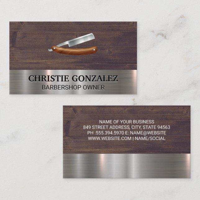Tarjeta De Visita Barber Shop Blade | Metalizado y maderera (Anverso / Reverso)