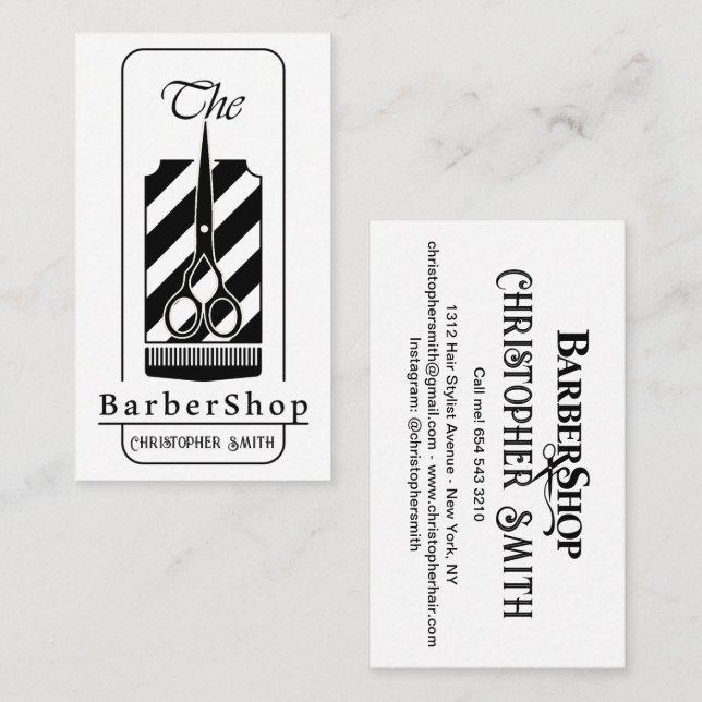 Tarjeta De Visita Barber Shop de personalizados en blanco y negro (Anverso / Reverso)