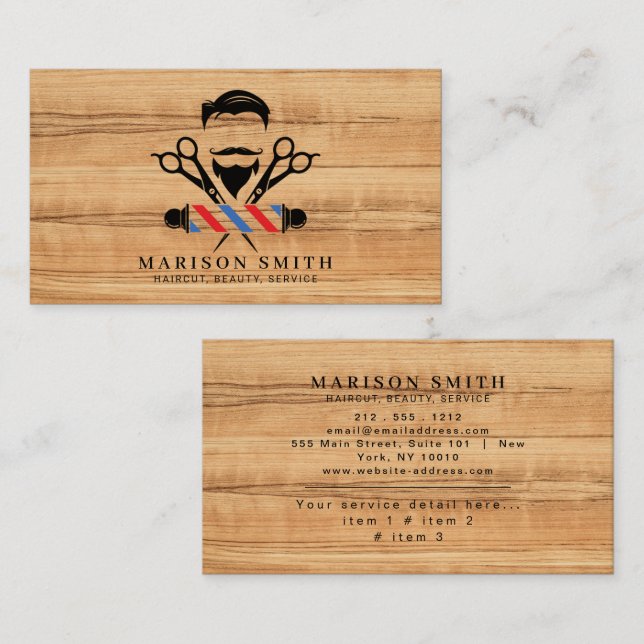 Tarjeta De Visita Barber Shop Hair Stylist Wood (Anverso / Reverso)