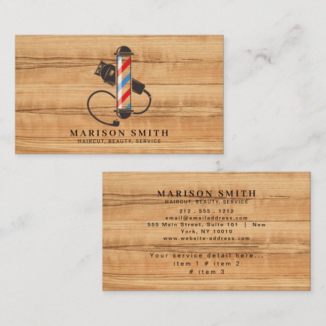 Tarjeta De Visita Barber Shop Hair Stylist Wood (Anverso / Reverso)