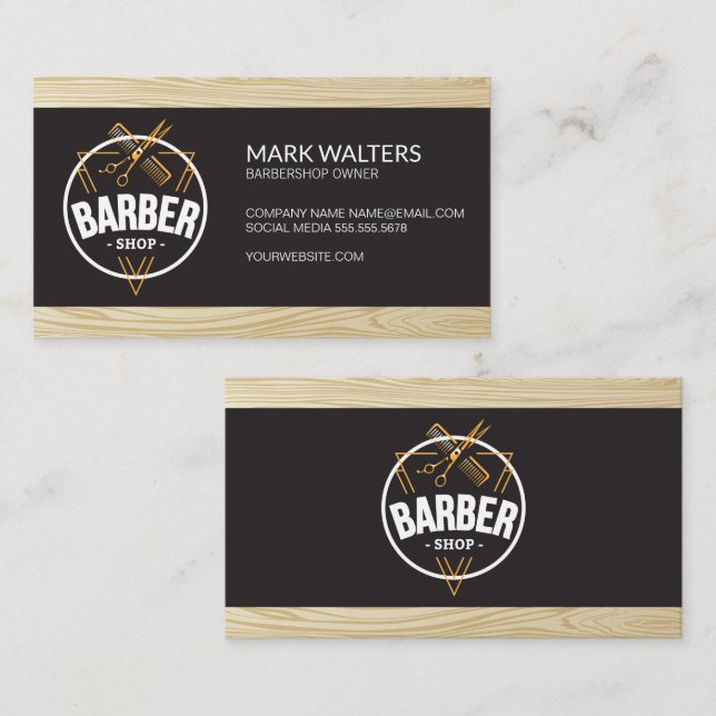 Tarjeta De Visita Barber Shop | Logo de Barber | Madera (Anverso / Reverso)
