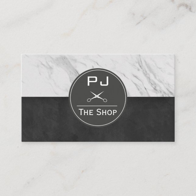Tarjeta De Visita Barber Shop Marble Sleek Black Monograma (Anverso)