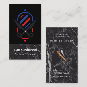 Tarjeta De Visita Barber Shop   Mármol negro   Tijeras