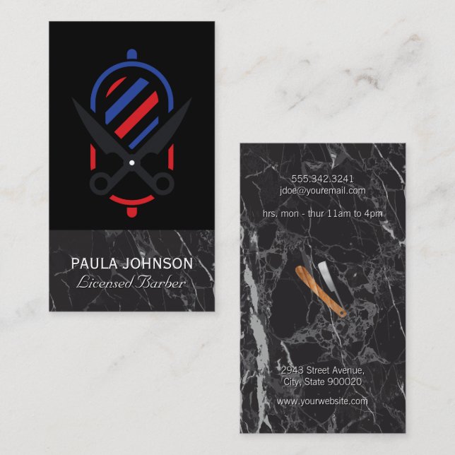 Tarjeta De Visita Barber Shop | Mármol negro | Tijeras (Anverso / Reverso)