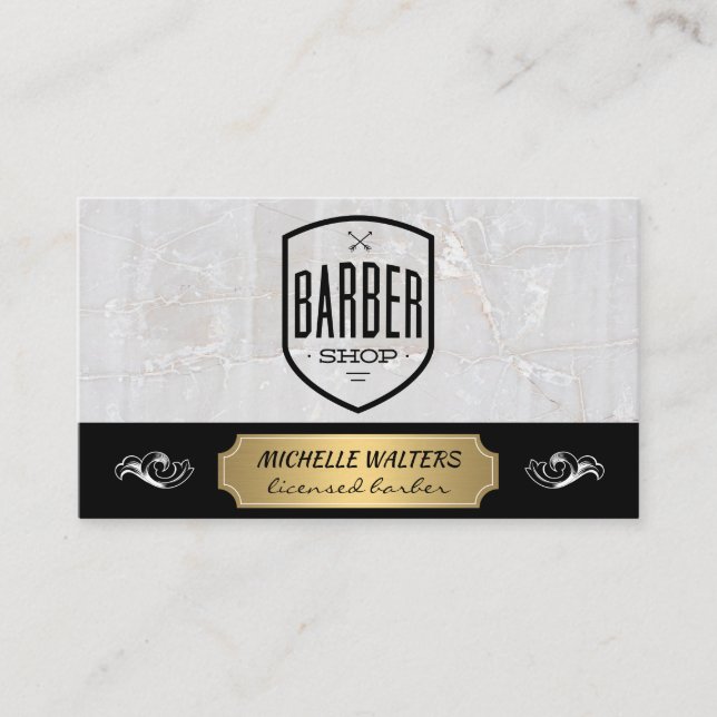 Tarjeta De Visita Barber Shop | Mármol y oro plateado (Anverso)