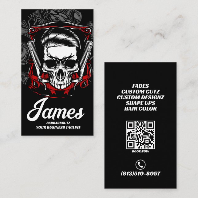 Tarjeta De Visita Barber Shop Skull Hair Comb Profesional (Anverso / Reverso)