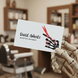 Tarjeta De Visita Barber Skeleton Hair Stylist Hand y Red Scissor