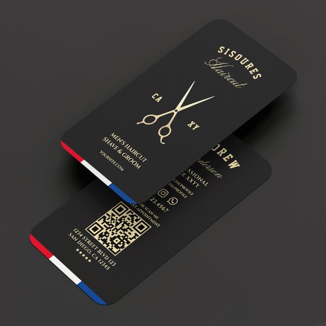 Tarjeta De Visita Bárber tijeras Black Gold Red Blue White Moderne (Barber Scissors Black Gold Red Blue White Modern Business Card
)