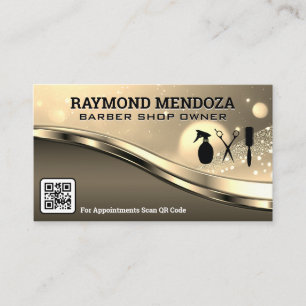 Tarjeta De Visita Barber Tools   Código QR   METALIZADO   Oro espumo