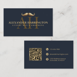 Tarjeta De Visita Barbería Blue Gold Bigote Cuidado Personal Masculi