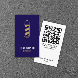 Tarjeta De Visita Barbería de código QR dorado azul oscuro minimalis