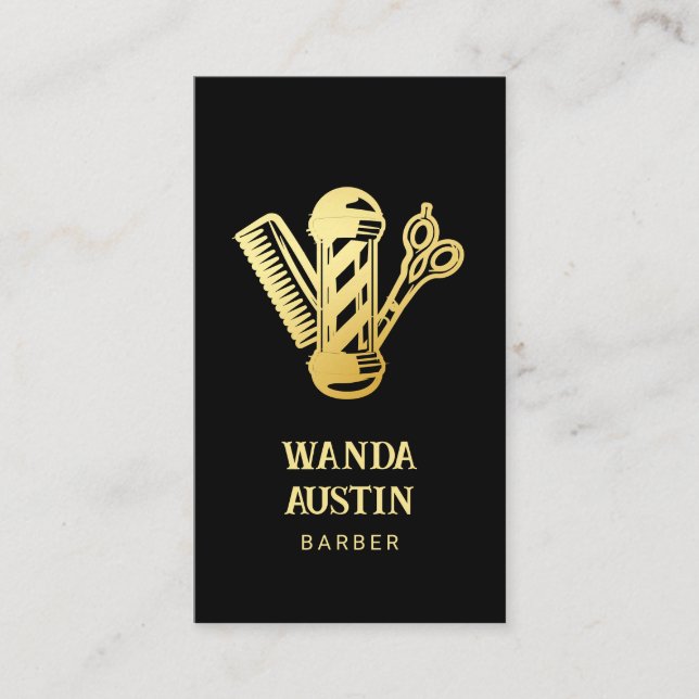 Tarjeta De Visita barbería de tejas de peine negro y oro (Anverso)