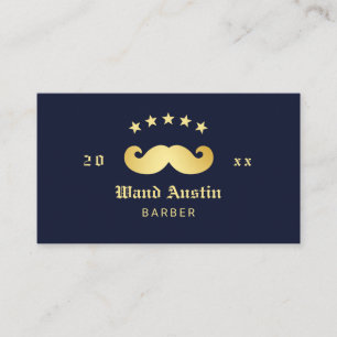 Tarjeta De Visita Barbería Logo Bigote Azul Marino y Dorado
