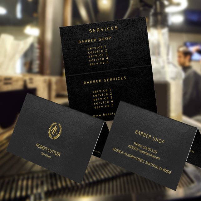 Tarjeta De Visita Barbería lujoso y elegante estilo de cuero negro (Subido por el creador)