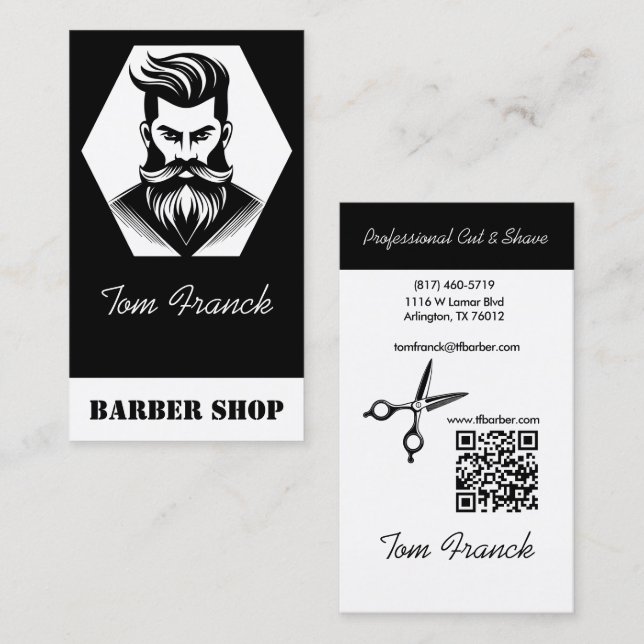 Tarjeta De Visita Barbería profesional en blanco y negro (Anverso / Reverso)