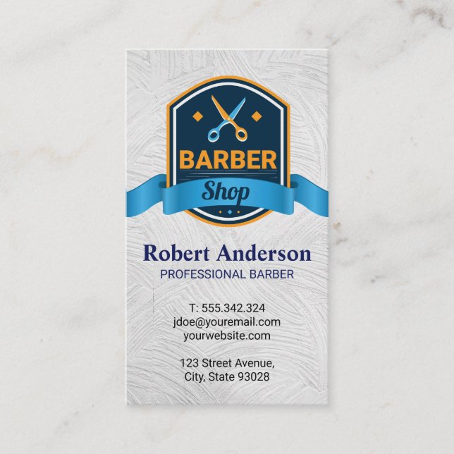 Tarjeta De Visita Barbershop | Badge de cinta de tijeras | Textura (Anverso)
