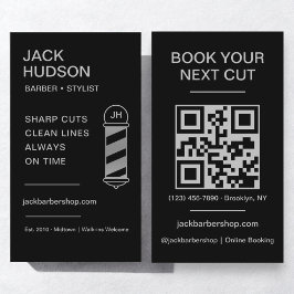 Tarjeta De Visita Barbershop Barber Haircut Código QR de Black Silve
