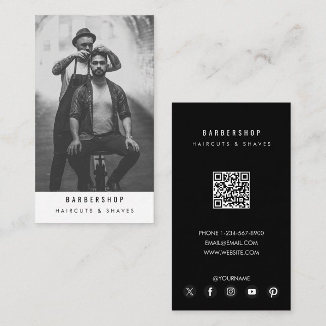Tarjeta De Visita Barbershop Barber Photo QR Código moderno (Anverso / Reverso)