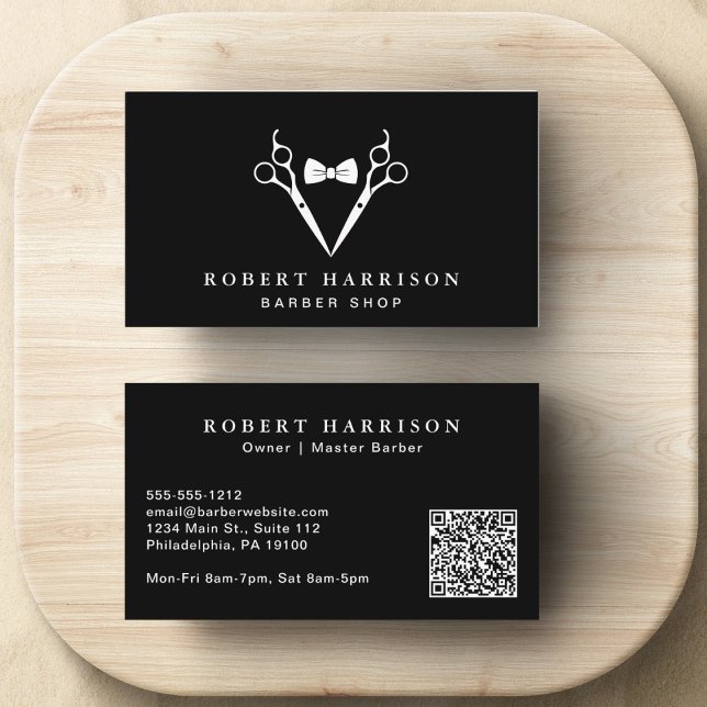 Tarjeta De Visita Barbershop Barber QR Código Negro (Input your website address to create a scannable QR code)