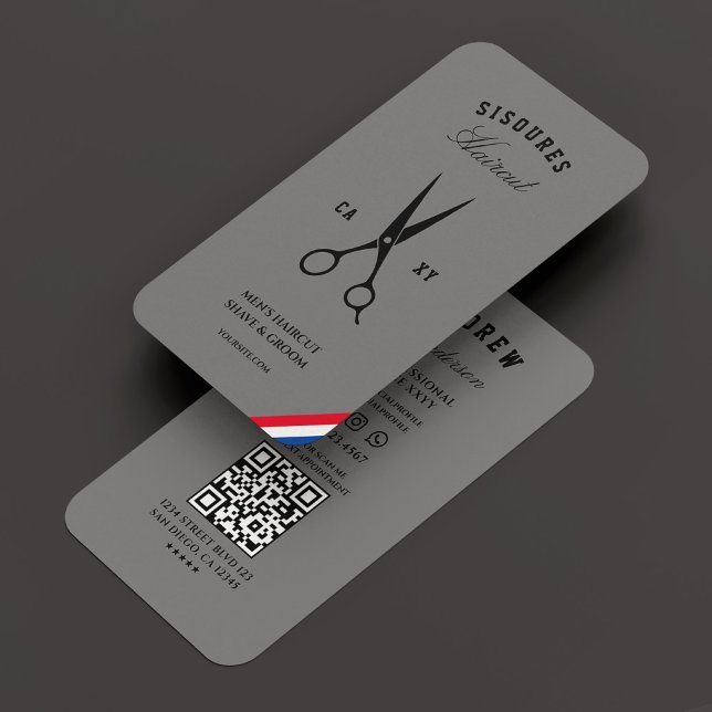 Tarjeta De Visita Barbershop Barbería moderna gris rojo azul blanco (Barbershop Modern Grey Red Blue White Barber Business Card
)