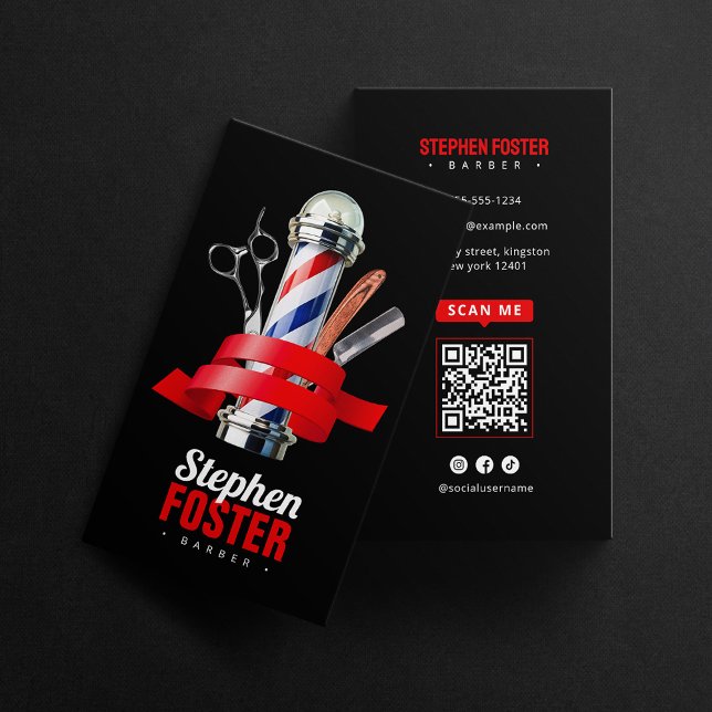 Tarjeta De Visita Barbershop Barbershop Black & Red Pole Código QR (Subido por el creador)