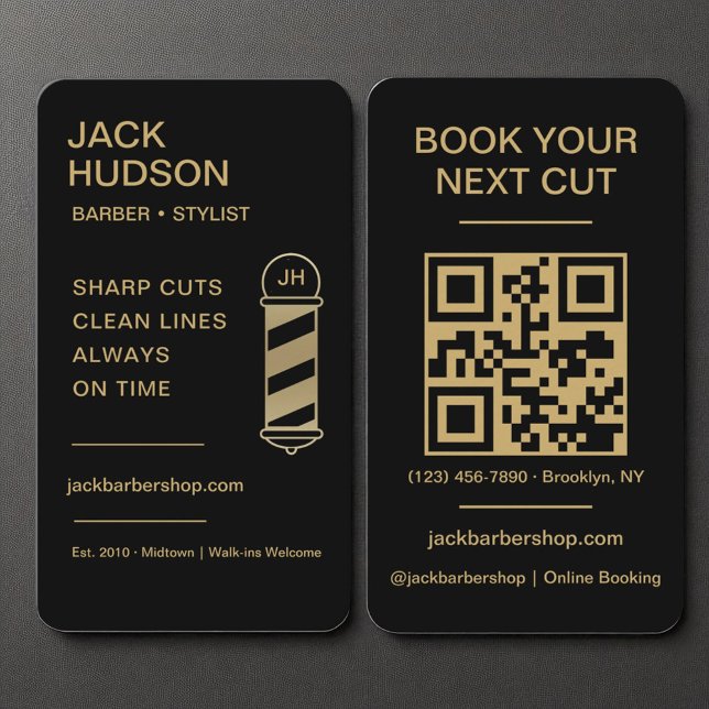 Tarjeta De Visita Barbershop Black Gold Barber Haircut QR Code (Subido por el creador)